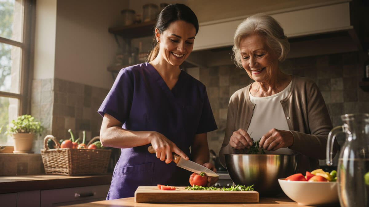 making healthy meal with client