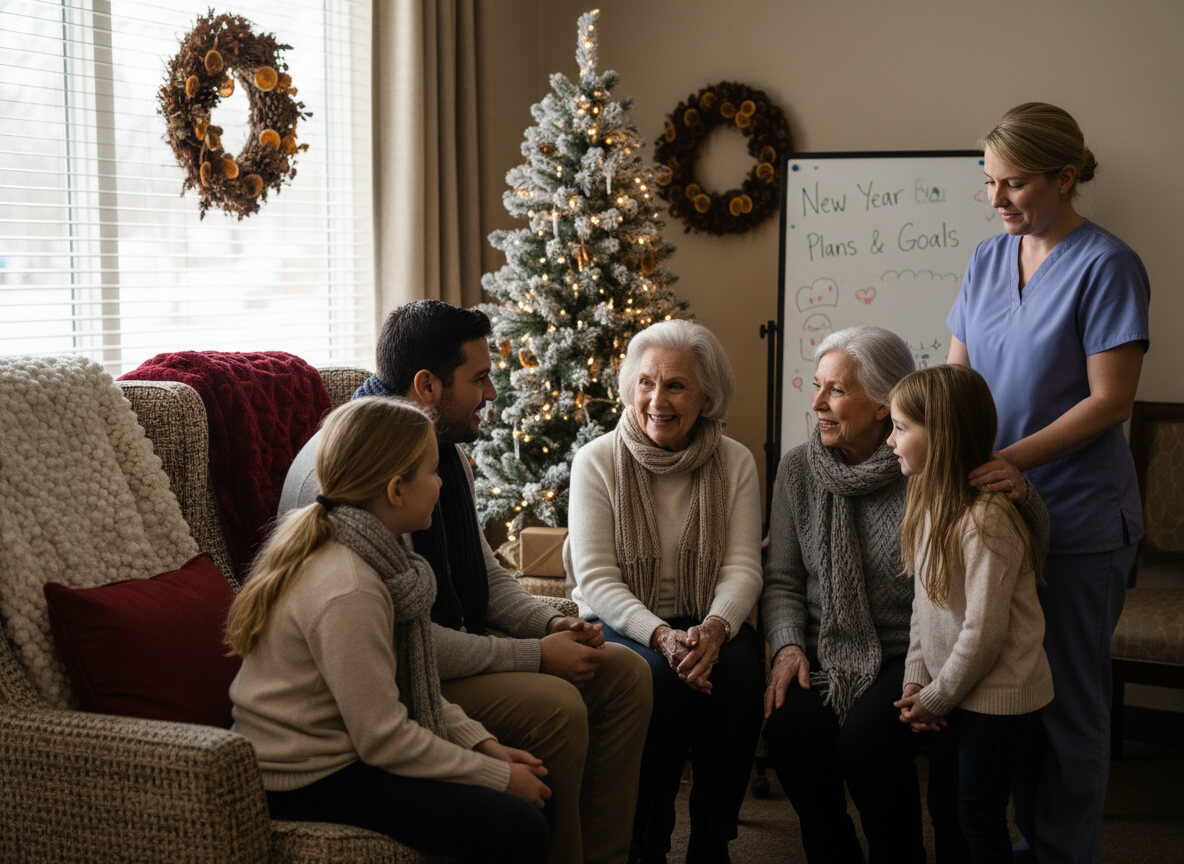 family with caregiver on new year img