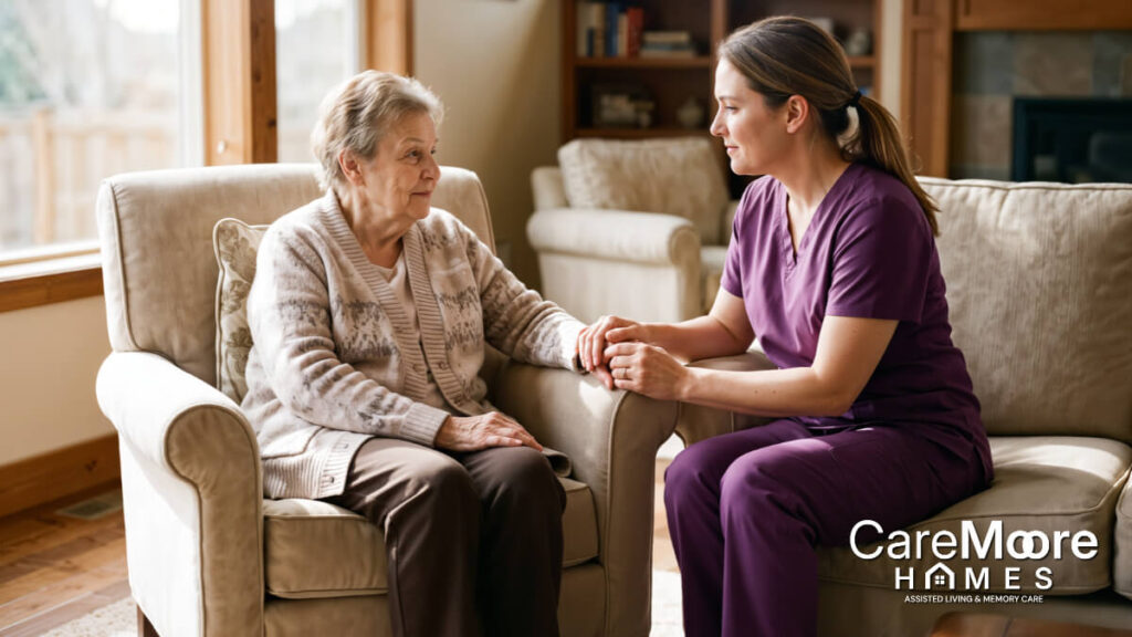 Caregiver holding hands with a senior woman in assisted living.