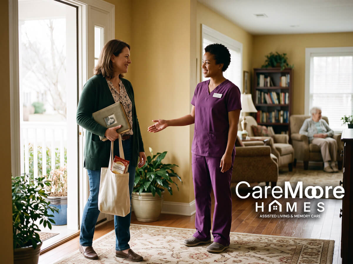 Caregiver welcomes a visitor to an assisted living home.
