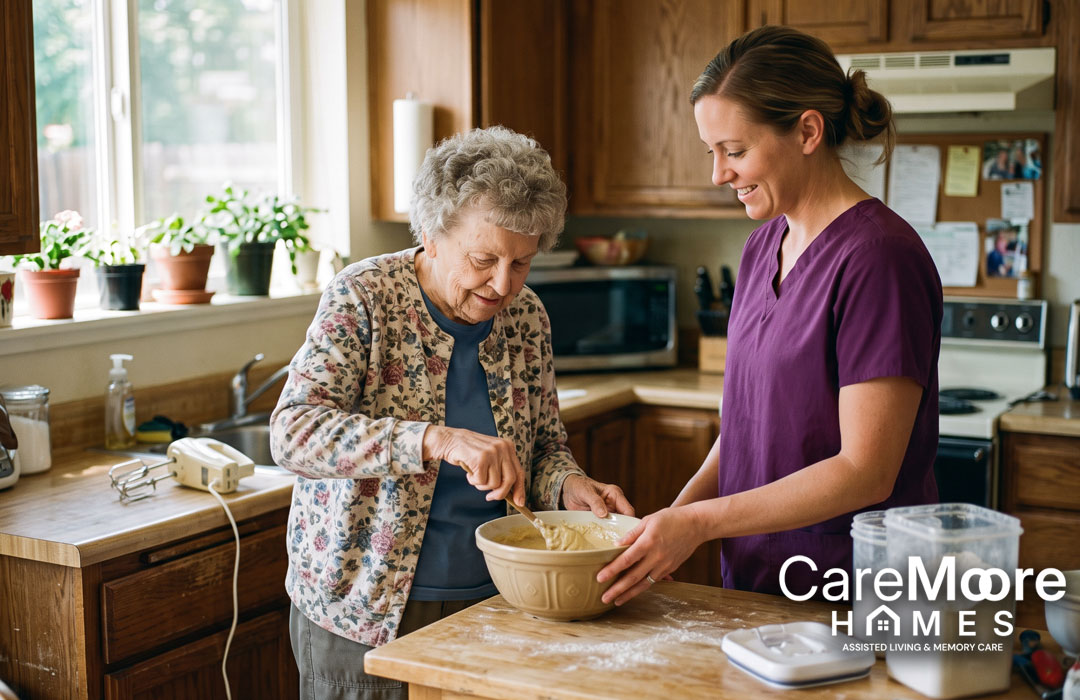 Senior woman and caregiver baking together in a kitchen.
