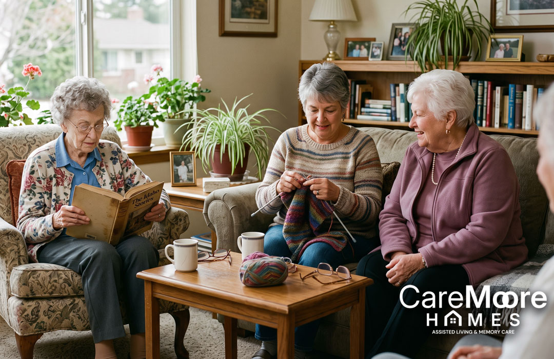 Senior women reading and knitting in a cozy living room.