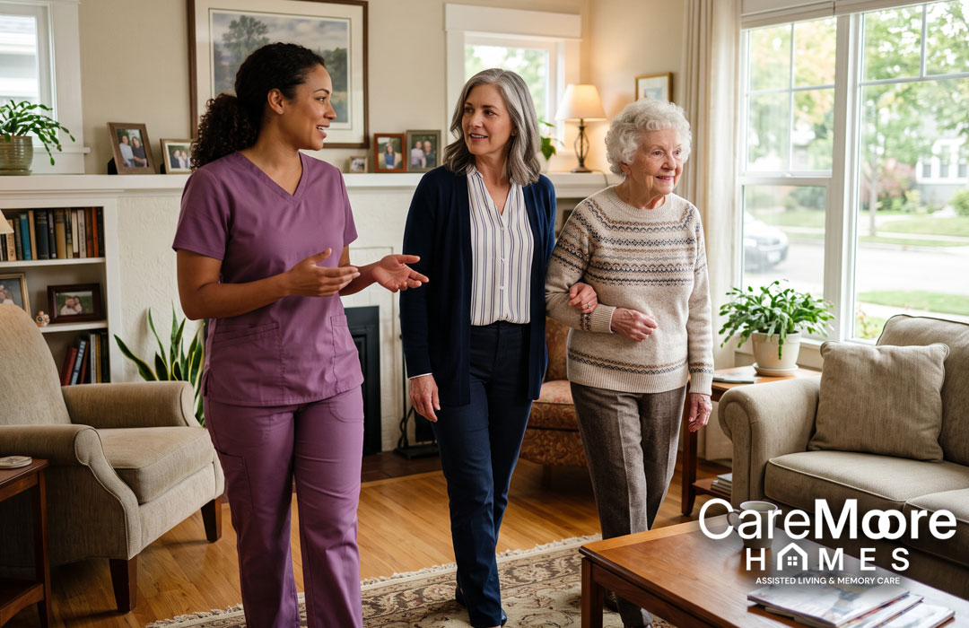 Caregiver talking with senior woman and daughter in living room.