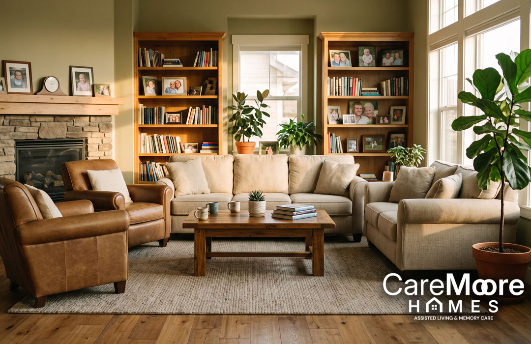 Cozy living room with sofa, leather armchairs, and bookshelves.