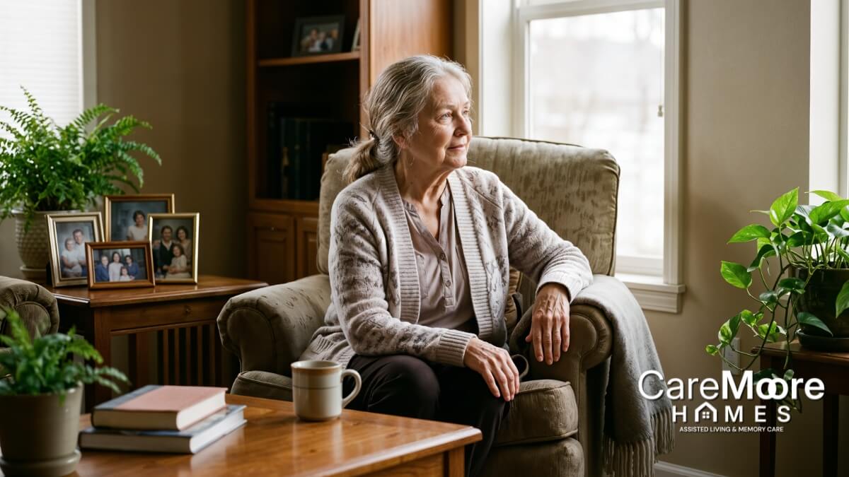Elderly woman sitting in an armchair looking out a window.