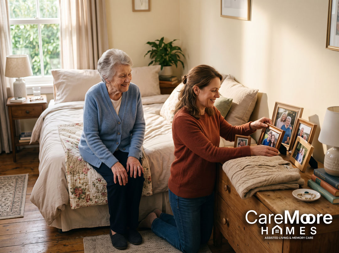 Caregiver and senior woman looking at photos in a bedroom.