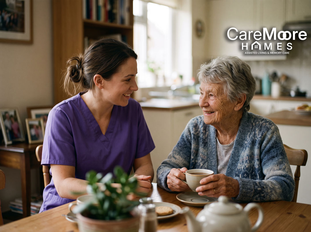 Smiling caregiver and senior woman having tea together.