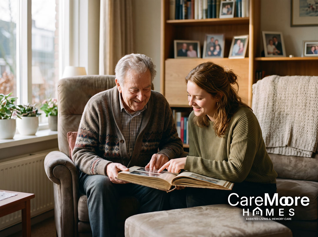 Elderly man and young woman looking at a photo album.