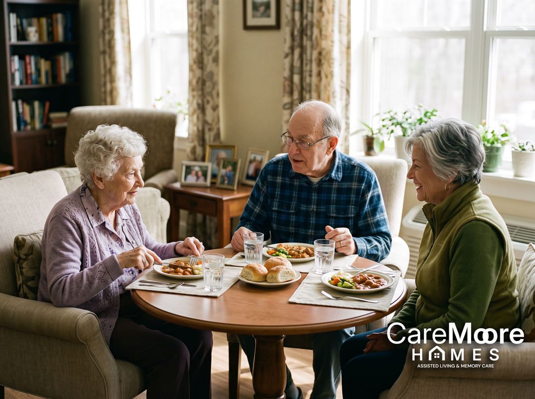 Three seniors enjoying a meal and conversation at CareMoore Homes.