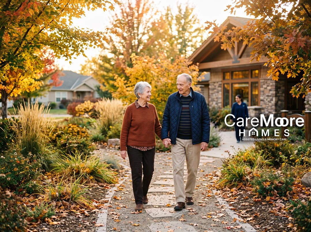 Elderly couple walking outside a CareMore Homes assisted living facility.
