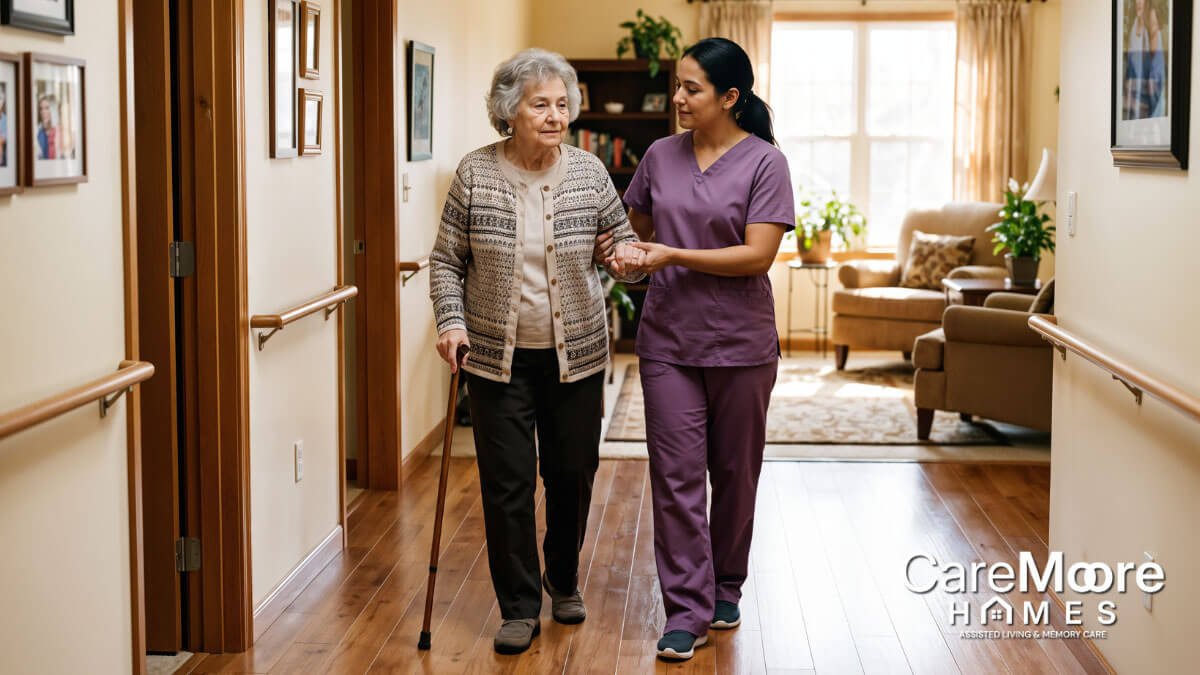 Caregiver assisting an elderly woman walking with a cane.