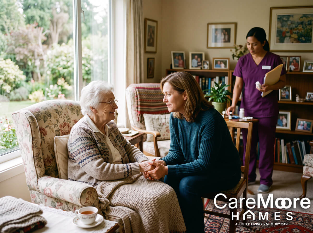 Caregiver comforts an elderly woman in assisted living.