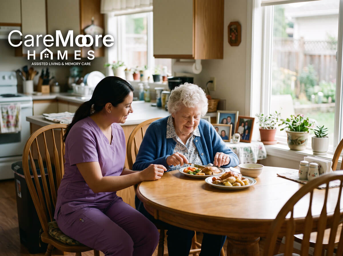 Caregiver assisting elderly woman with a meal at home.