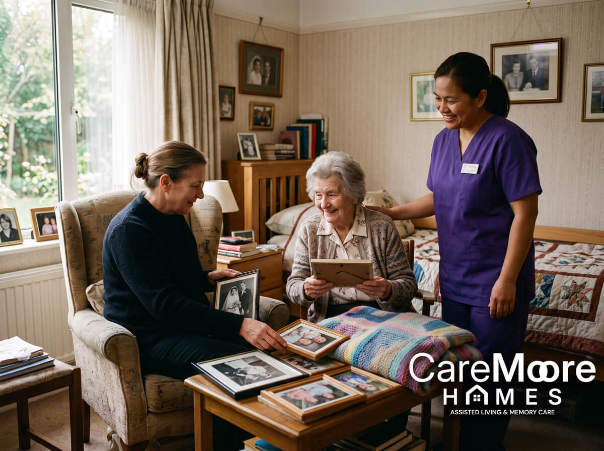 Senior woman looking at photos with caregiver and visitor.