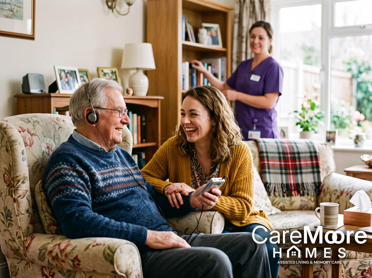 Senior man and woman sharing music in a care home.