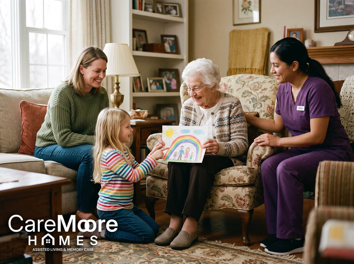 Granddaughter shows rainbow drawing to grandmother at assisted living facility.